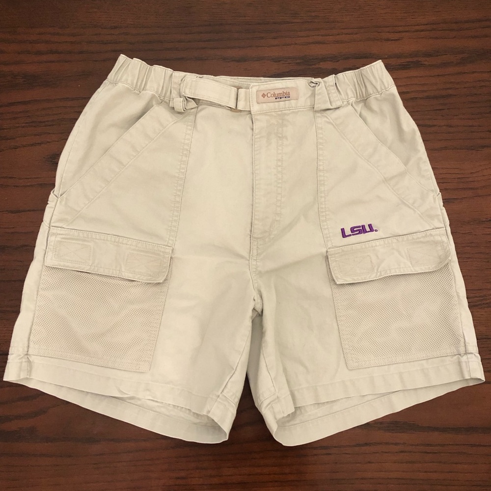 Men’s Columbia PFG Half Moon LSU Khaki Shorts - Size S Excellent Used Condition